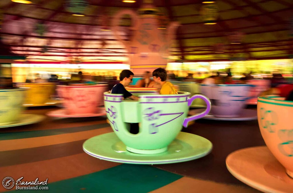 Spinning on the teacups of the Mad Tea Party in Fantasyland at Walt Disney World’s Magic Kingdom