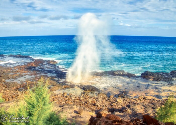 Water gushes up through the rocks at Spouting Horn on the island of Kauaʻi in Hawaiʻi