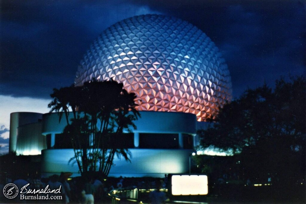 This evening photo of Spaceship Earth and the giant palm tree that used to be behind Earth Station required a steady hand.