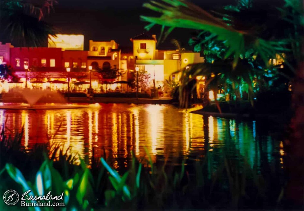 For this nighttime photo of Echo Lake at Disney-MGM Studios (now Disney’s Hollywood Studios), I balanced the camera on a rail near the lake for the long exposure.