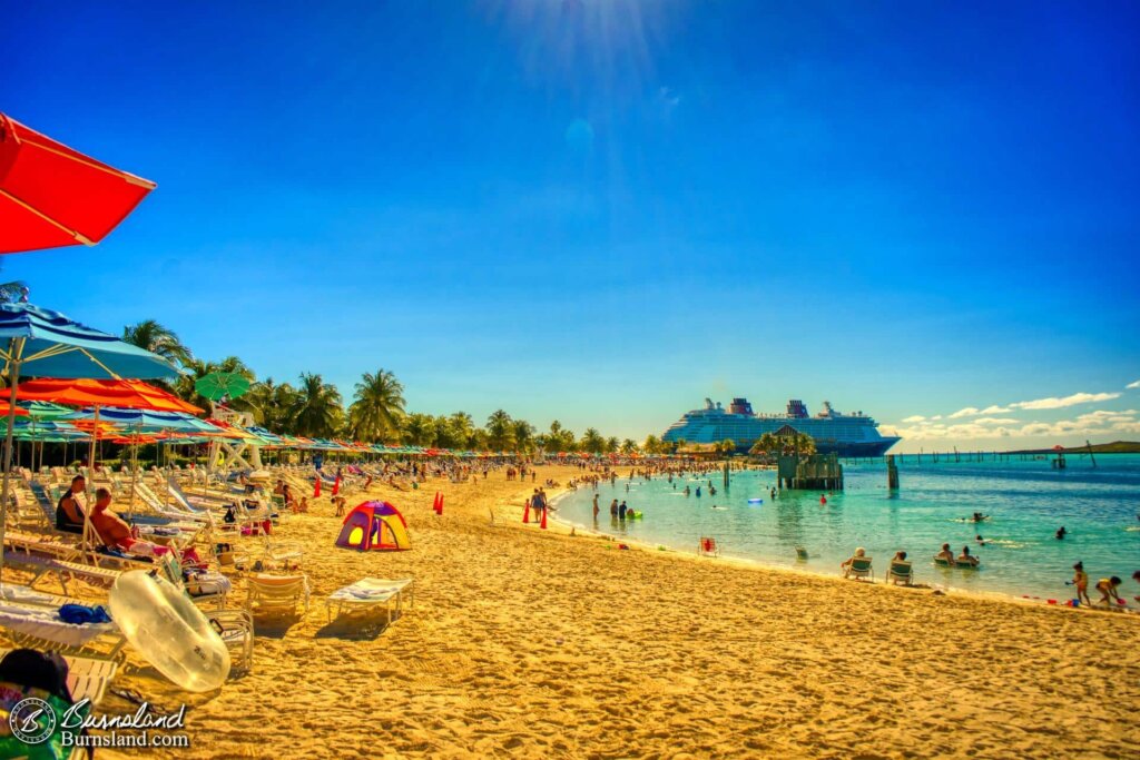 The sun shines down from above at the Family Beach at Castaway Cay, the Disney Cruise Line’s Bahamas island.