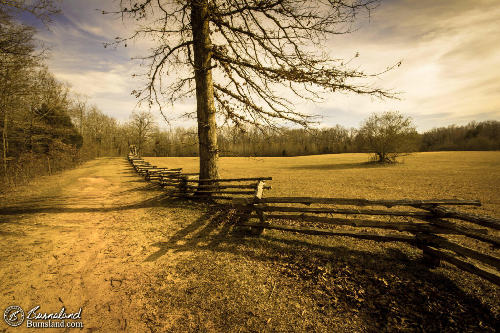 Walking along the Sunken Road at the Civil War battlefield at Shiloh National Military Park in Tennessee