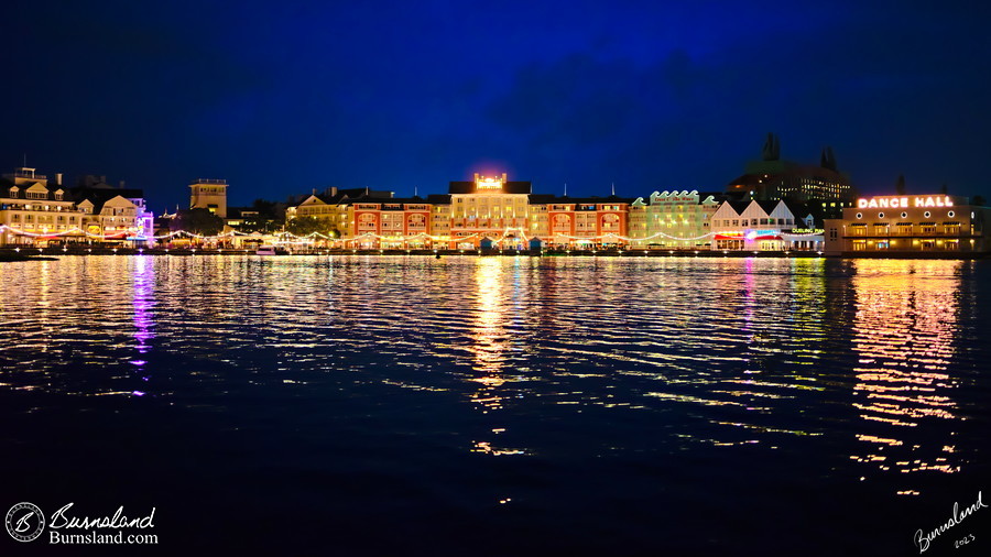 A view of the Boardwalk Resort at Walt Disney World at night