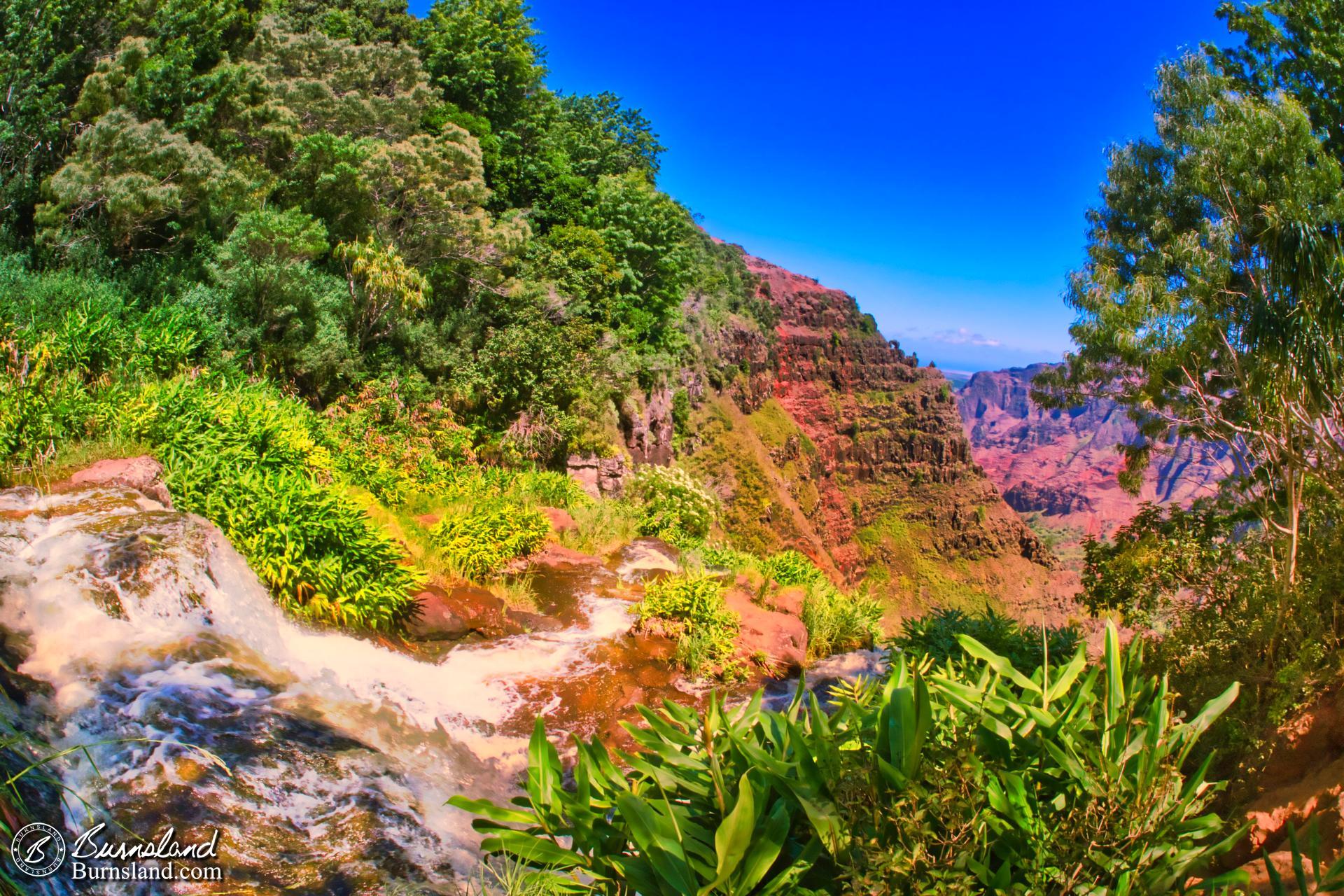 The top of Waipoʻo Falls on the island of Kauaʻi in Hawaiʻi