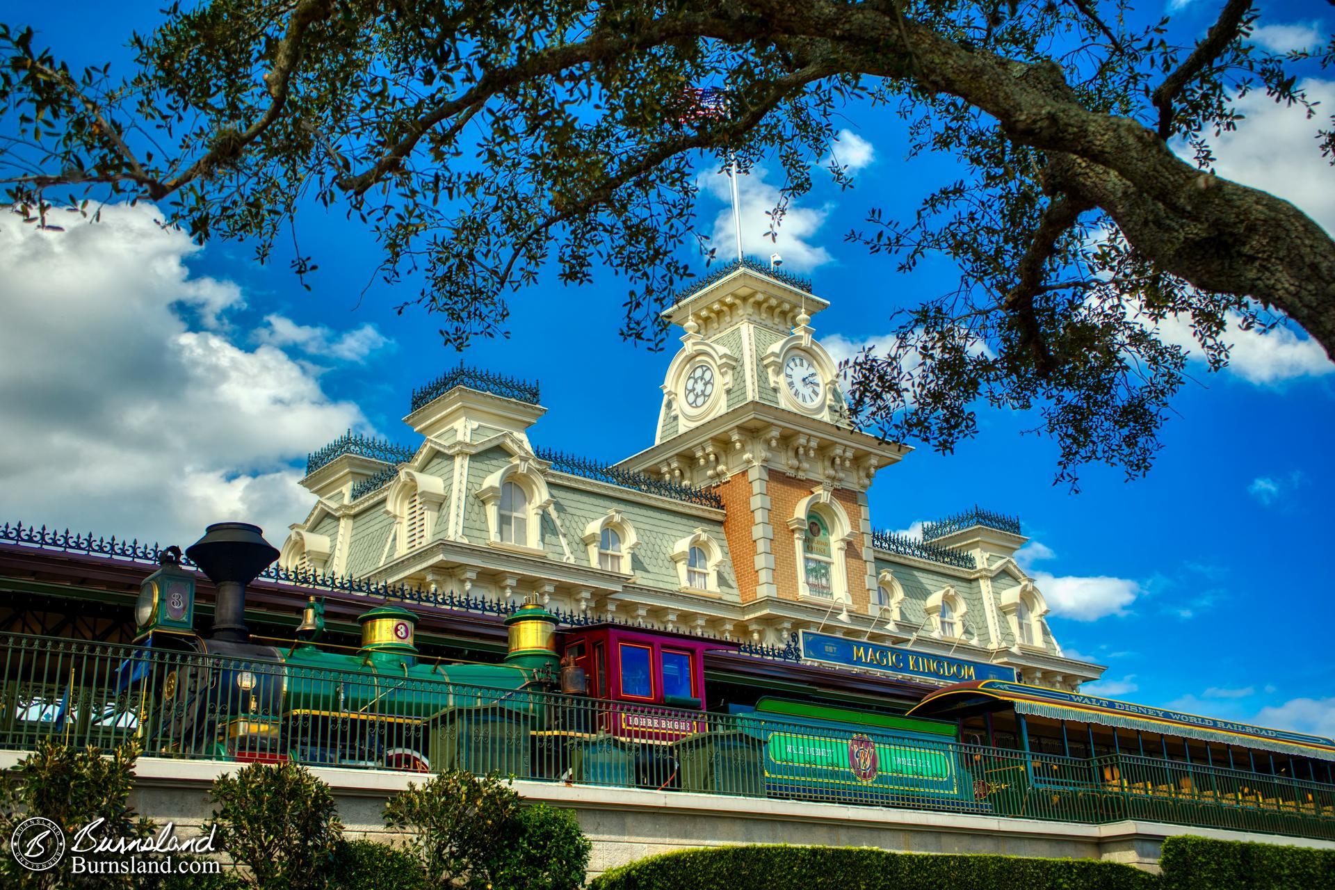 A train from the Walt Disney World Railroad is at Main Street Station in the Magic Kingdom at Walt Disney World