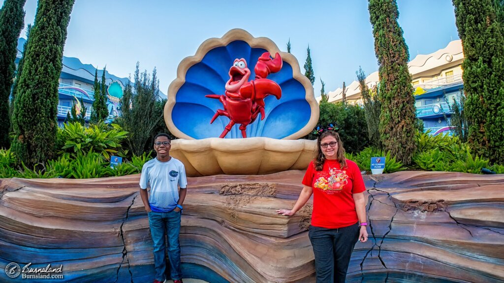 Laura and Jaylin with Sebastian at the Art of Animation Resort at Walt Disney World