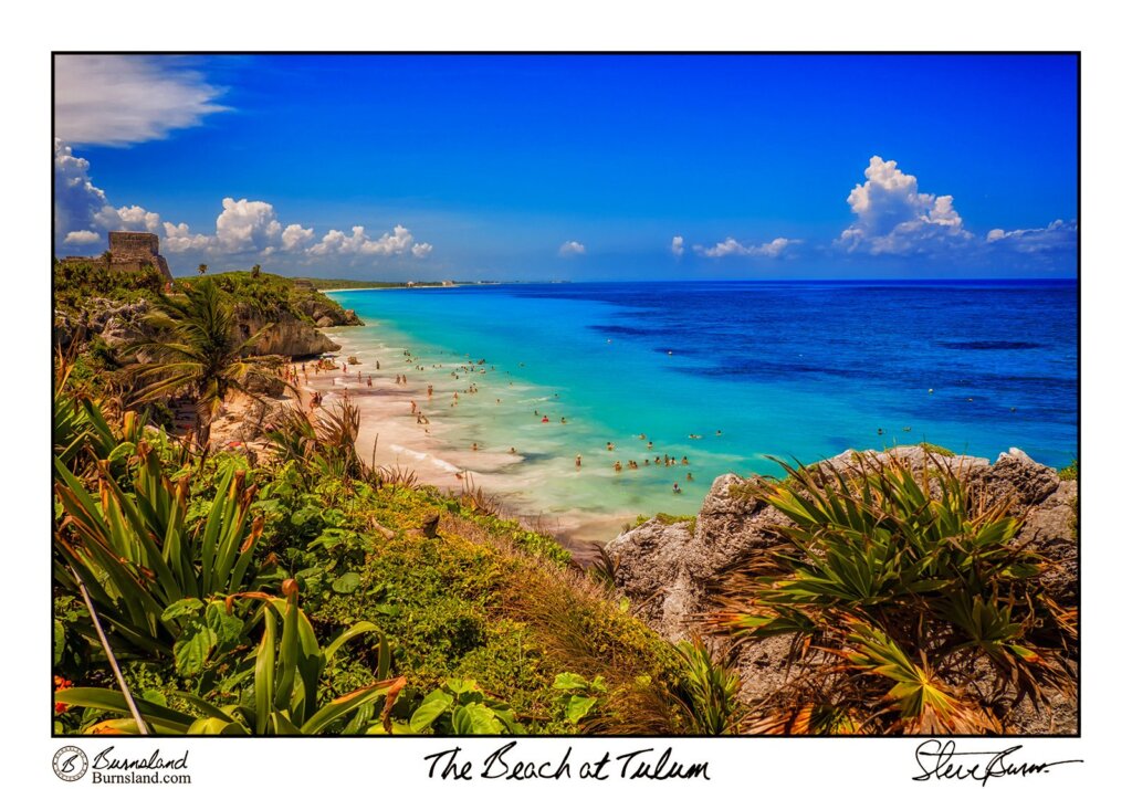 Looking down at the beach near the Mayan Ruins at Tulum in Mexico from high up above on a bluff. Read all about it at Burnsland.