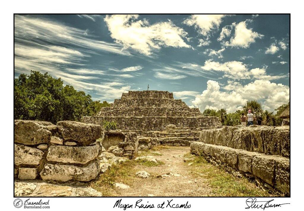 A temple of stone rises among the remains of other Mayan Ruins at Xcambo in the Yucatan of Mexico. Read all about it at Burnsland!