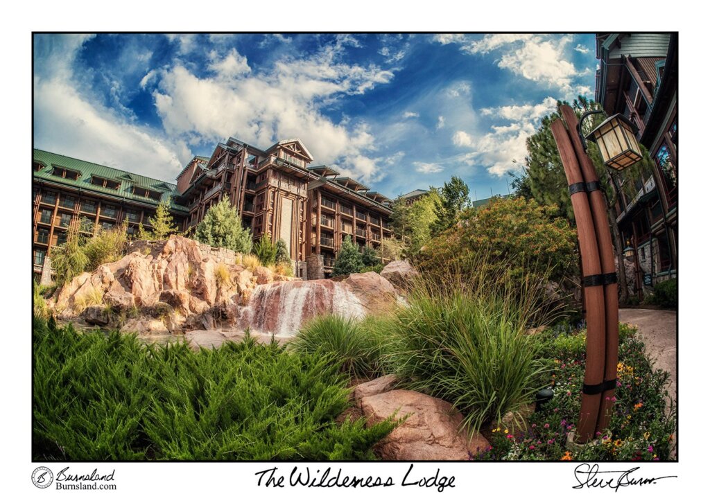 At the Wilderness Lodge at Walt Disney World, Silver Creek Falls and the building in the background glisten in the afternoon sun. Read all about it at Burnsland.