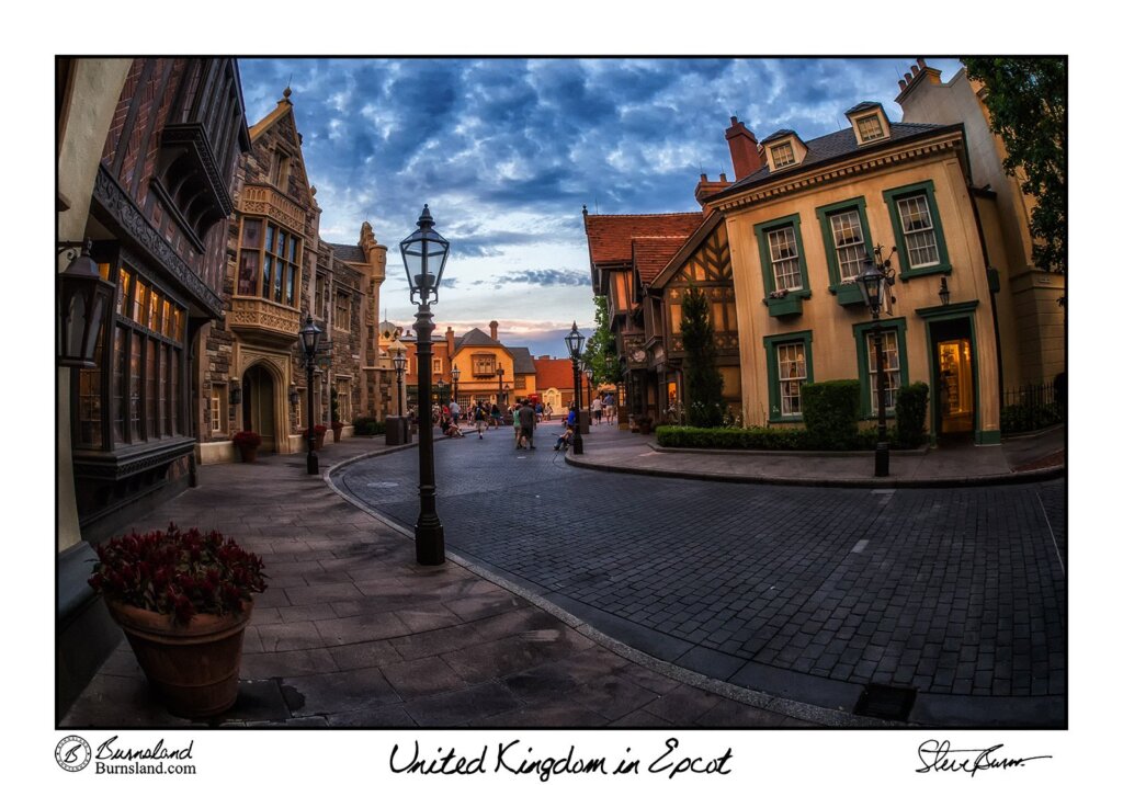 Walking down a street in the United Kingdom pavilion of Epcot’s World Showcase in Walt Disney World in the early evening. Read all about it at Burnsland!