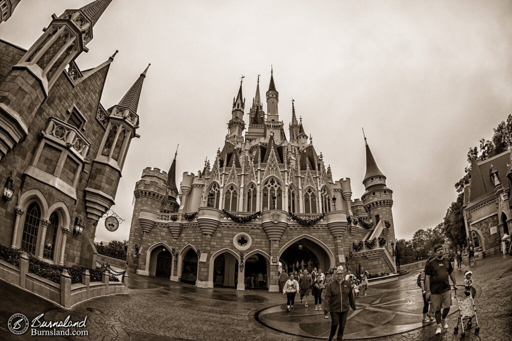 Cinderella Castle at Walt Disney World in black and white