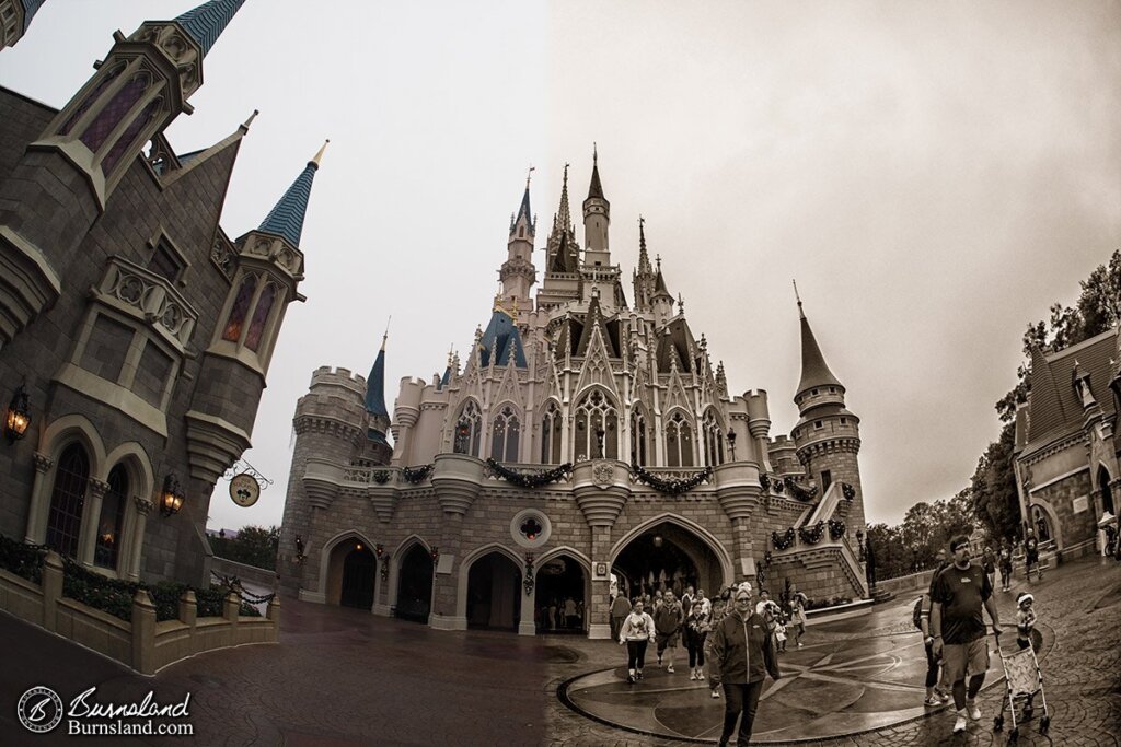 Cinderella Castle in black and white, before and after