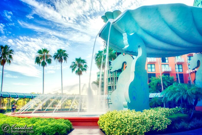 The large fountain in front of the Walt Disney World Dolphin Hotel and a bright blue sky