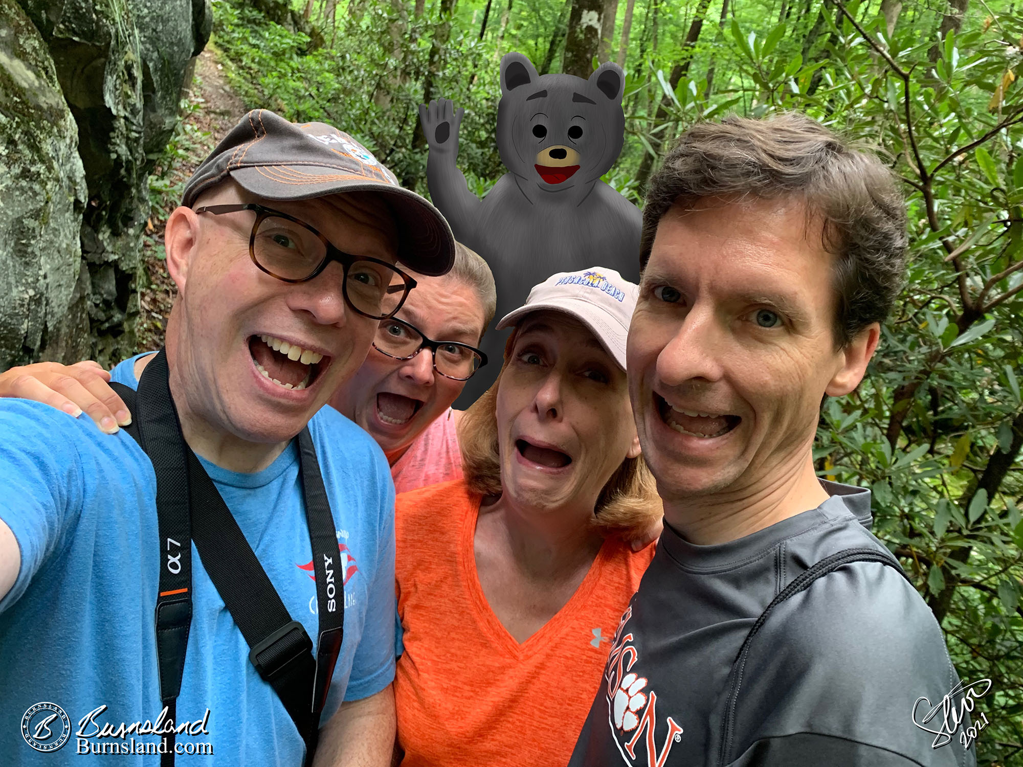 A simulation of our reactions if we had seen a bear up close in the Great Smoky Mountains National Park. Plus, we did see real bears, too.