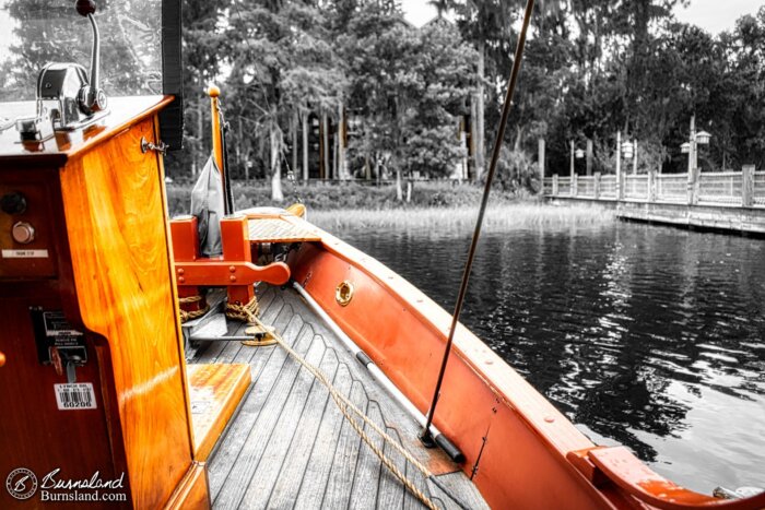 On a boat in Bay Lake approaching the Wilderness Lodge at Walt Disney World